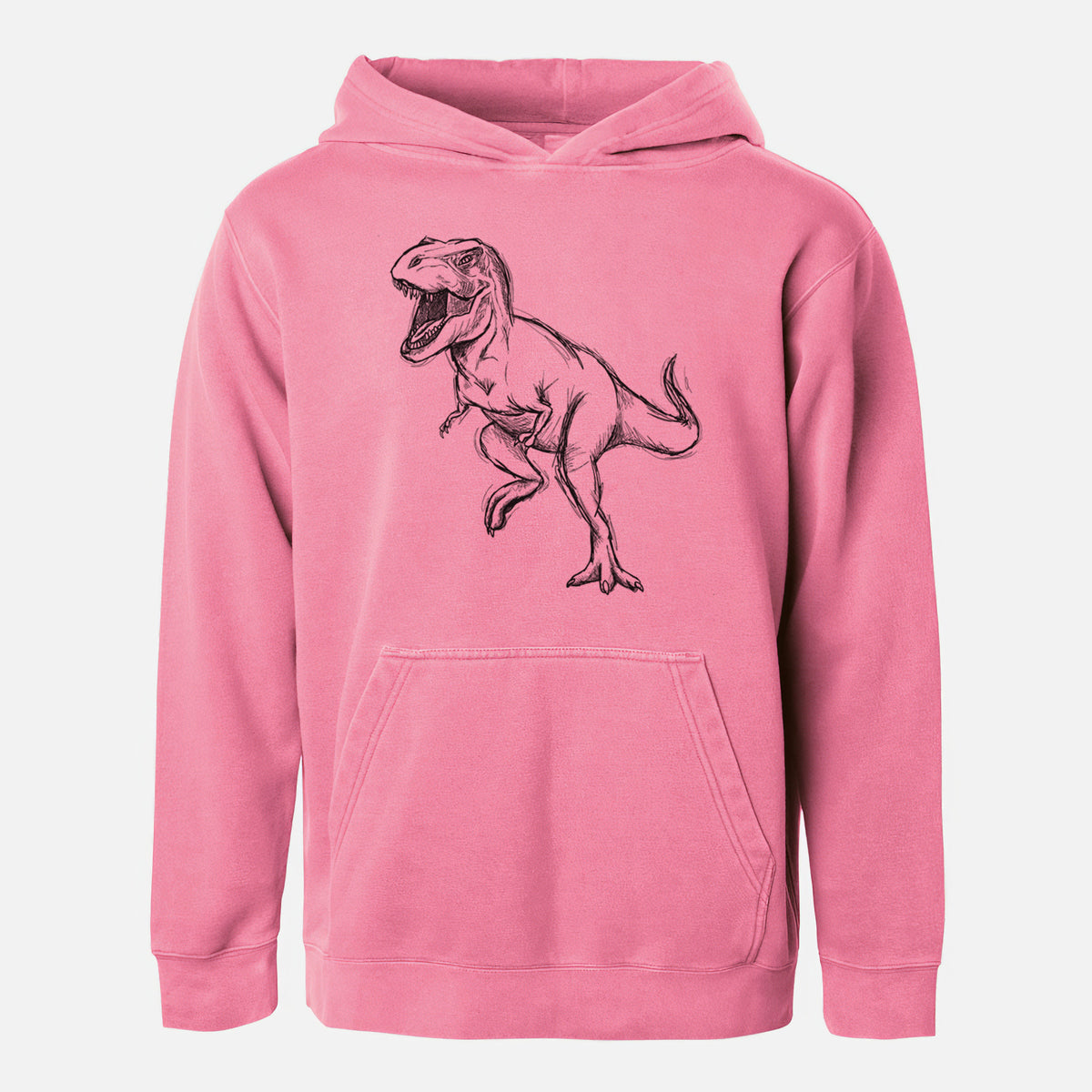 Pigment pink youth pigment dyed hoodie laid flat, printed with a black ink illustration of a Tyrannosaurus rex roaring.