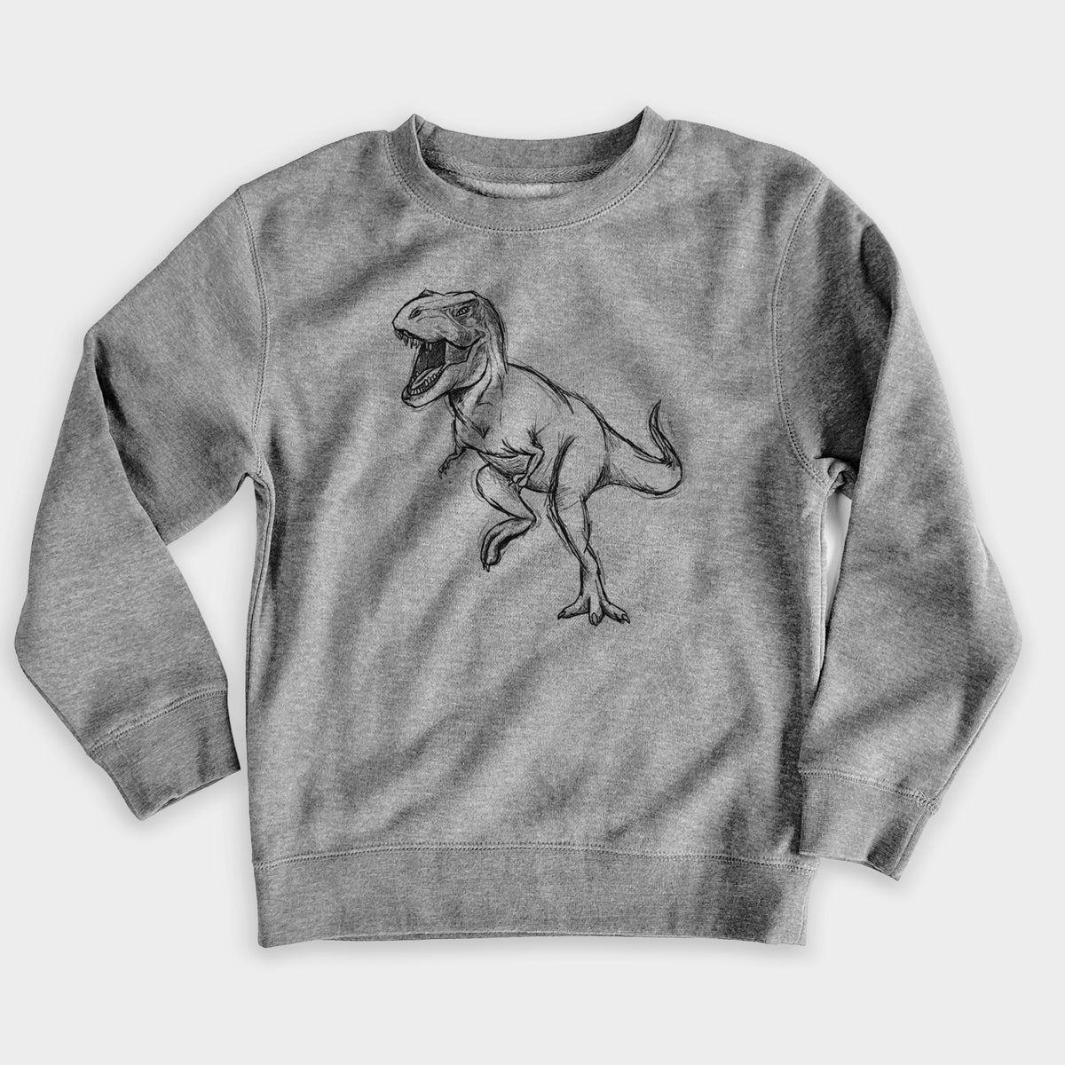 Nickel grey youth crewneck sweatshirt laid flat, printed with a black ink illustration of a Tyrannosaurus rex roaring.