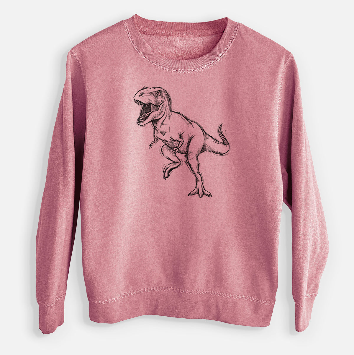 Mauve pink youth crewneck sweatshirt laid flat, printed with a black ink illustration of a Tyrannosaurus rex roaring.
