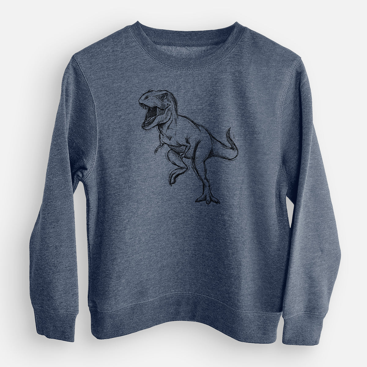 Storm blue youth crewneck sweatshirt laid flat, printed with a black ink illustration of a Tyrannosaurus rex roaring.