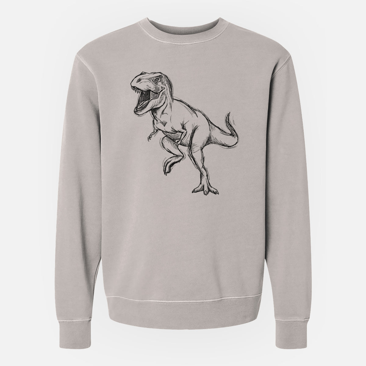 Cement grey pigment dyed crewneck sweatshirt laid flat, printed with a black ink illustration of a Tyrannosaurus rex roaring.