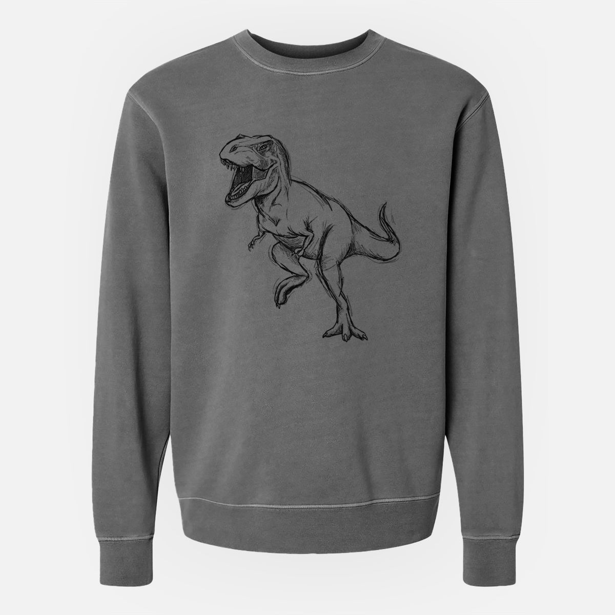 Faded black pigment dyed crewneck sweatshirt laid flat, printed with a black ink illustration of a Tyrannosaurus rex roaring.