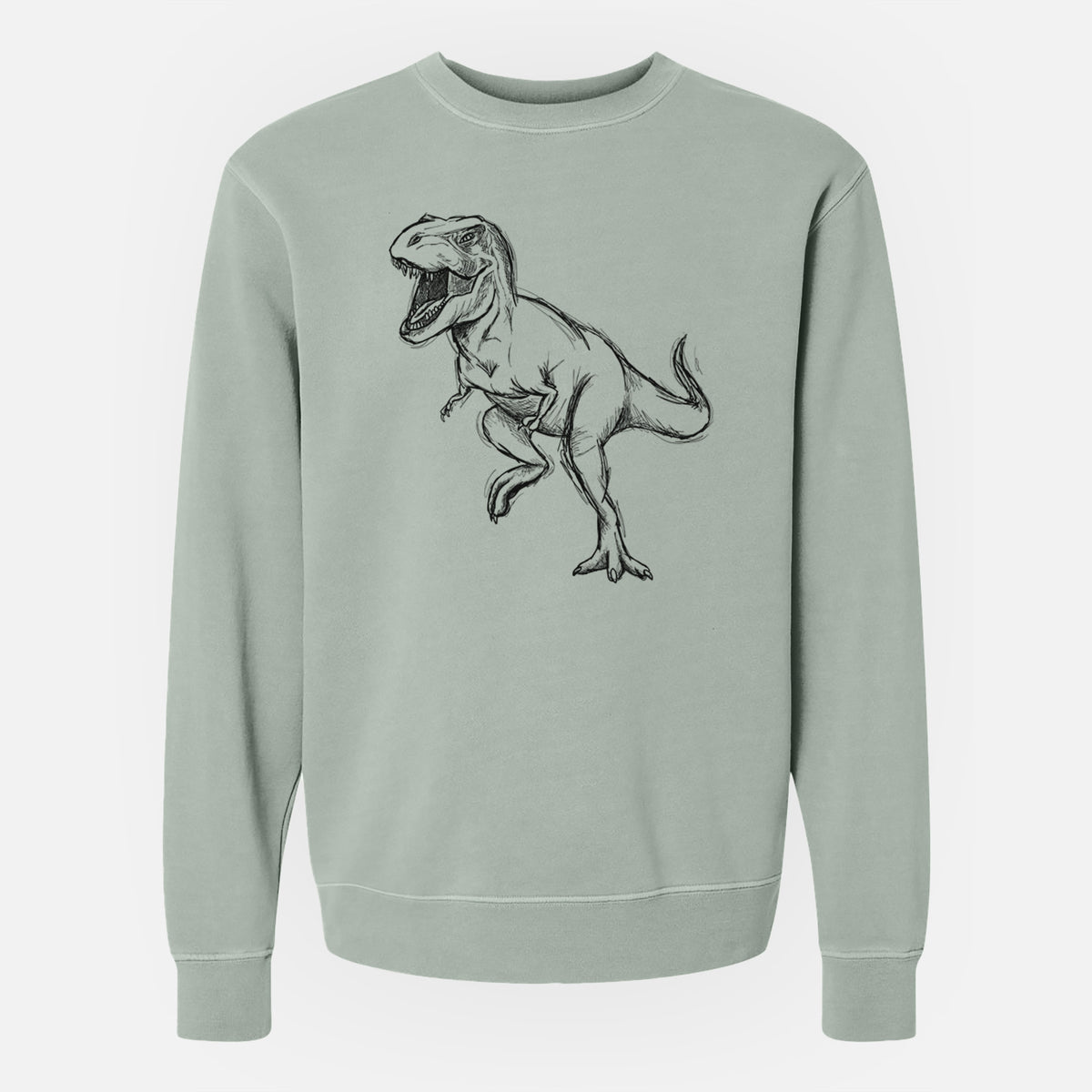 Sage green pigment dyed crewneck sweatshirt laid flat, printed with a black ink illustration of a Tyrannosaurus rex roaring.