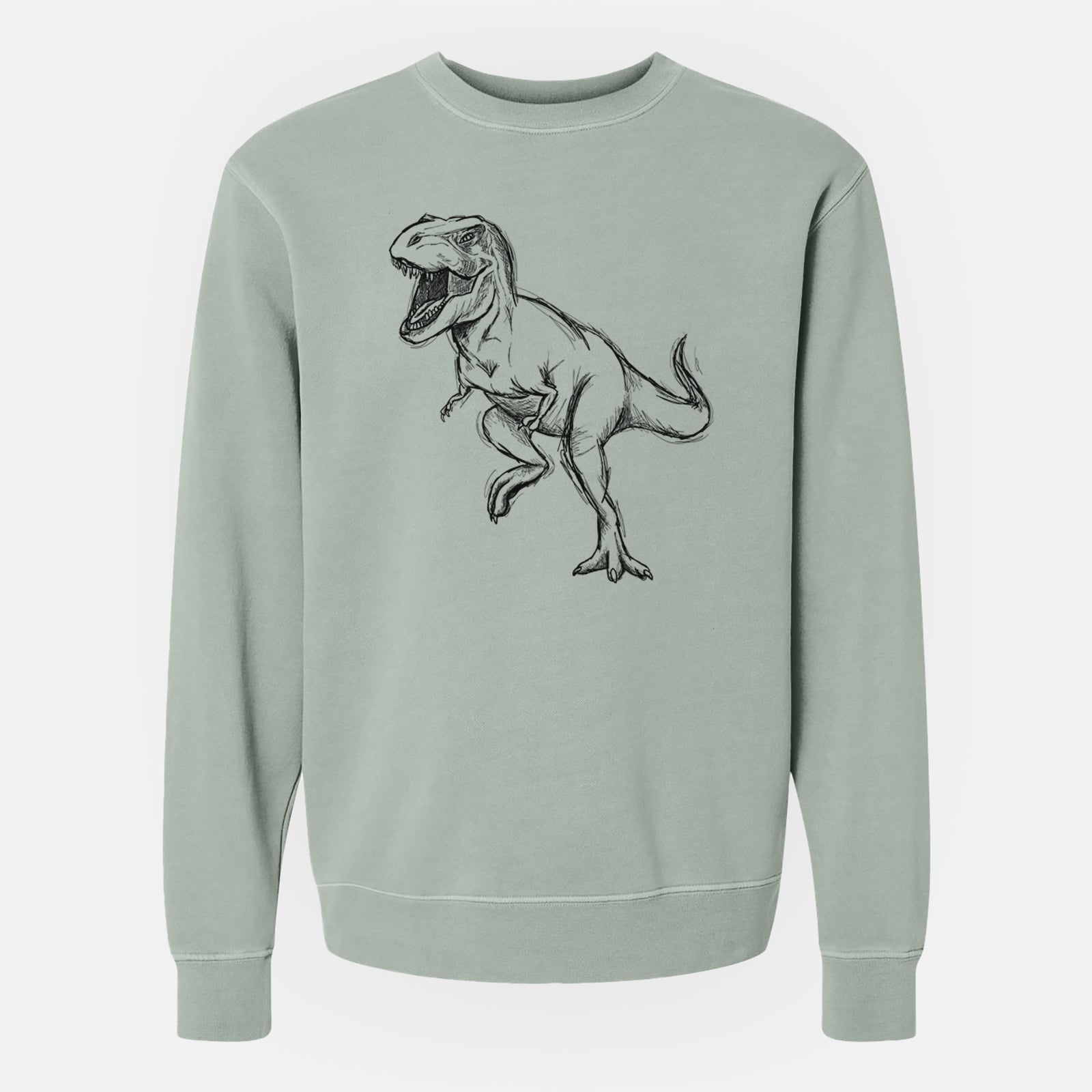 Sage green pigment dyed crewneck sweatshirt laid flat, printed with a black ink illustration of a Tyrannosaurus rex roaring.