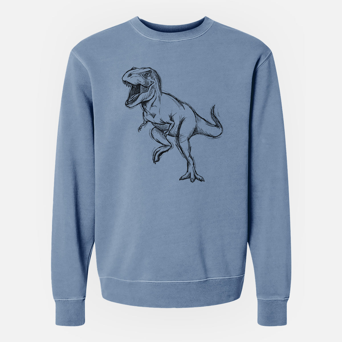Slate blue pigment dyed crewneck sweatshirt laid flat, printed with a black ink illustration of a Tyrannosaurus rex roaring.