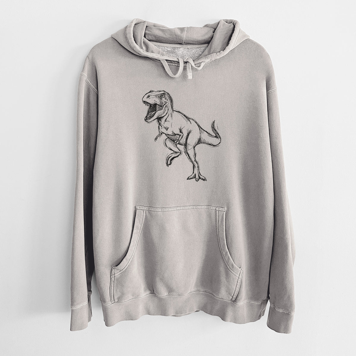 Cement grey pigment dyed hoodie laid flat, printed with a black ink illustration of a Tyrannosaurus rex roaring.