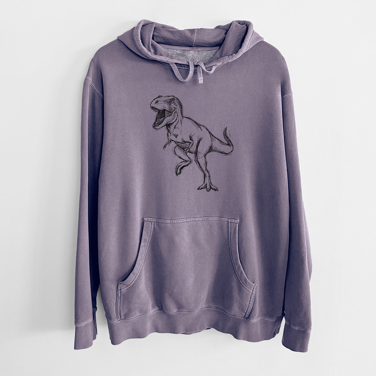 Plum purple pigment dyed hoodie laid flat, printed with a black ink illustration of a Tyrannosaurus rex roaring.