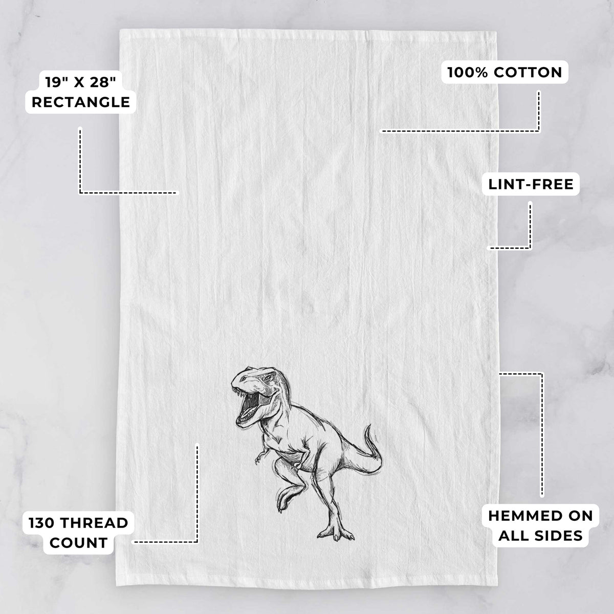 White tea towel printed with a black ink illustration of a Tyrannosaurus rex roaring, with feature labels: 19 by 28 inch rectangle, 100% cotton, lint-free, 130 thread count, hemmed on all sides.