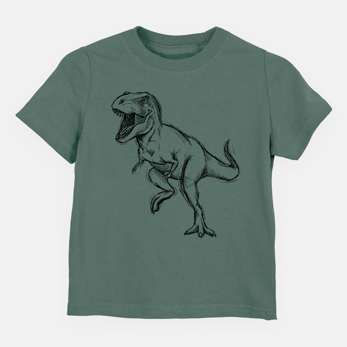 Basil green toddler t-shirt laid flat, printed with a black ink illustration of a Tyrannosaurus rex roaring.