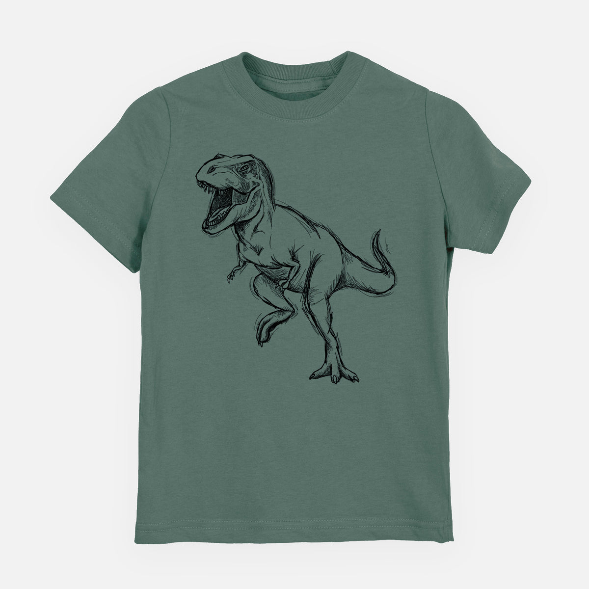 Basil green youth t-shirt laid flat, printed with a black ink illustration of a Tyrannosaurus rex roaring.