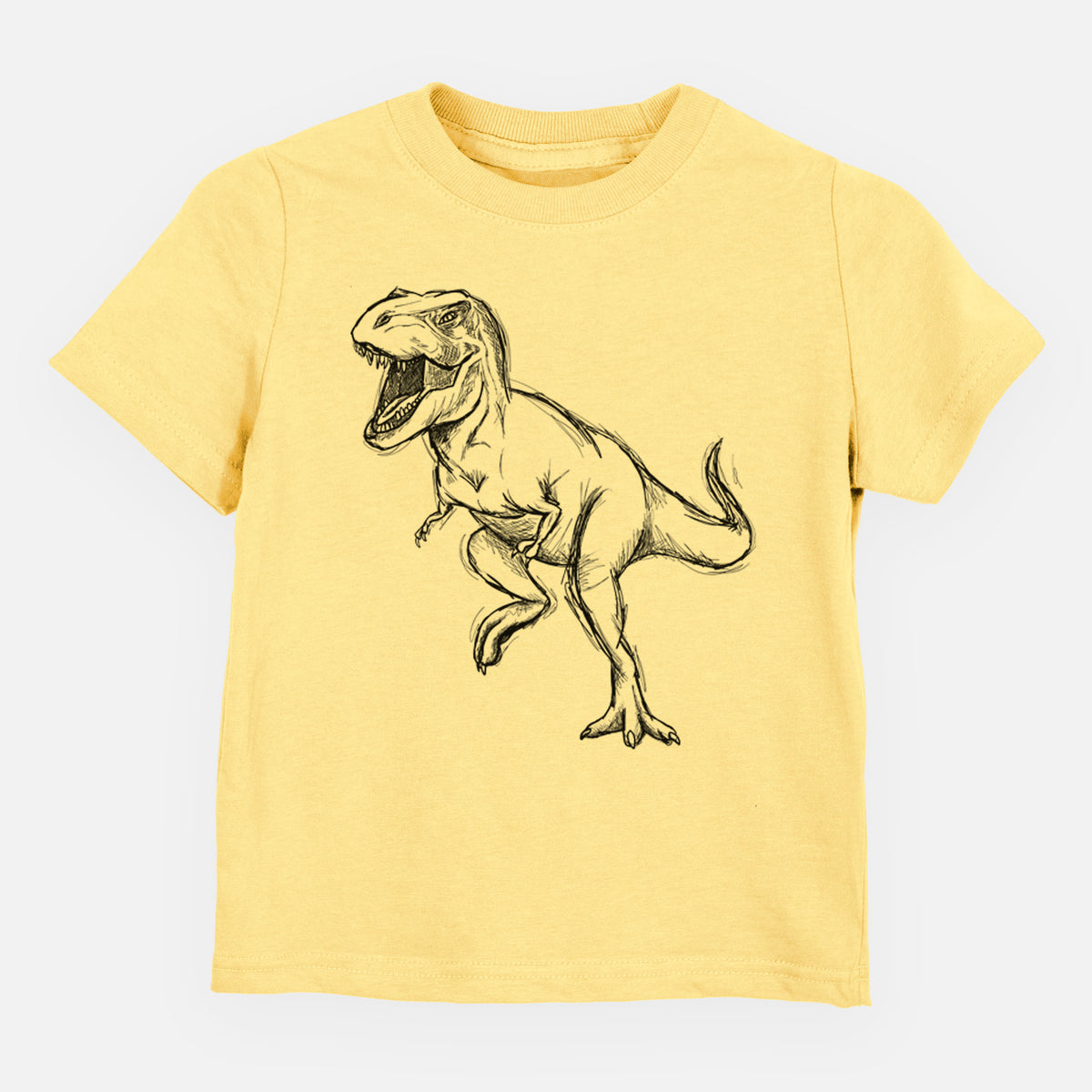 Butter yellow toddler t-shirt laid flat, printed with a black ink illustration of a Tyrannosaurus rex roaring.