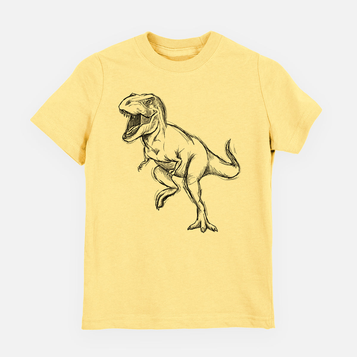 Butter yellow youth t-shirt laid flat, printed with a black ink illustration of a Tyrannosaurus rex roaring.