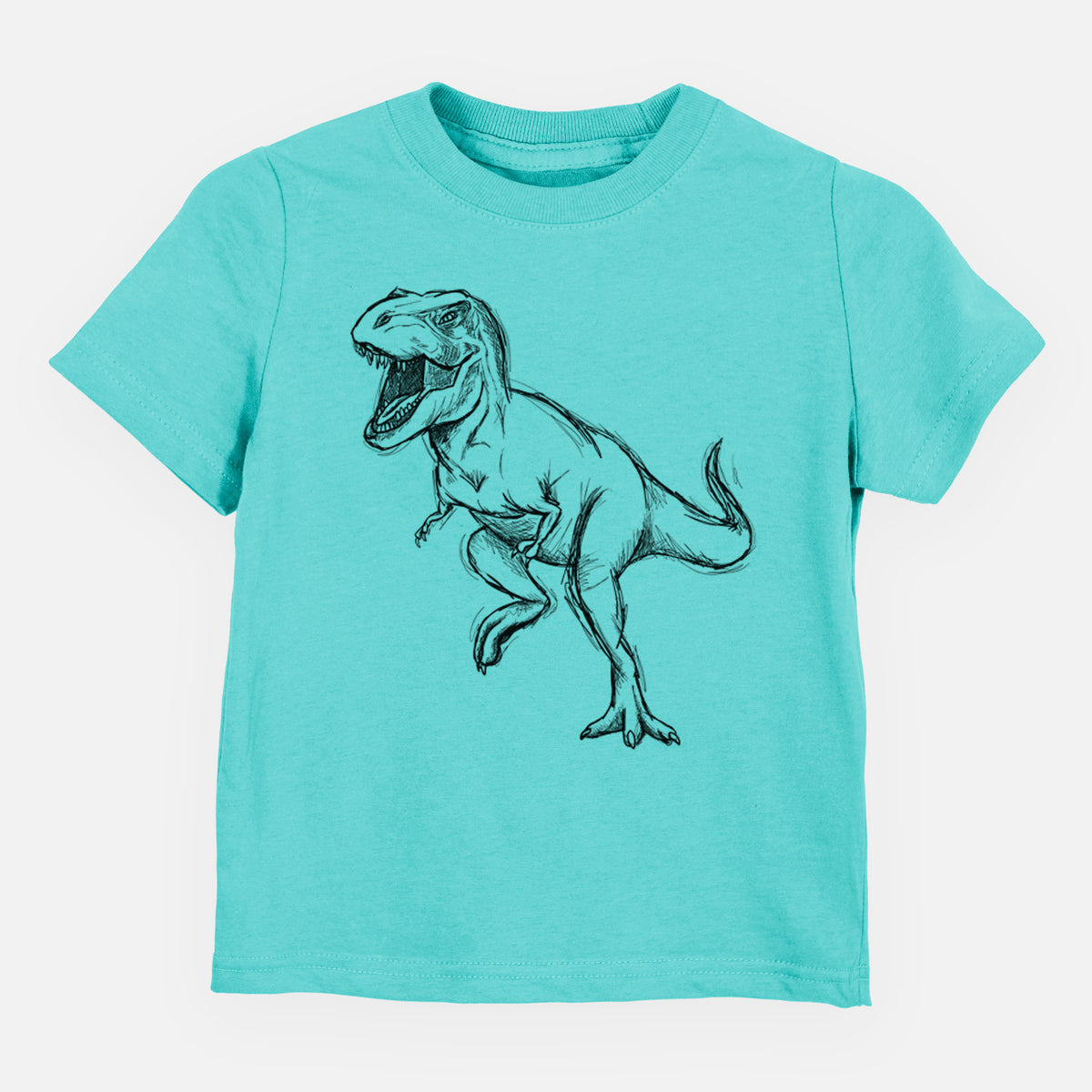 Caribbean blue toddler t-shirt laid flat, printed with a black ink illustration of a Tyrannosaurus rex roaring.