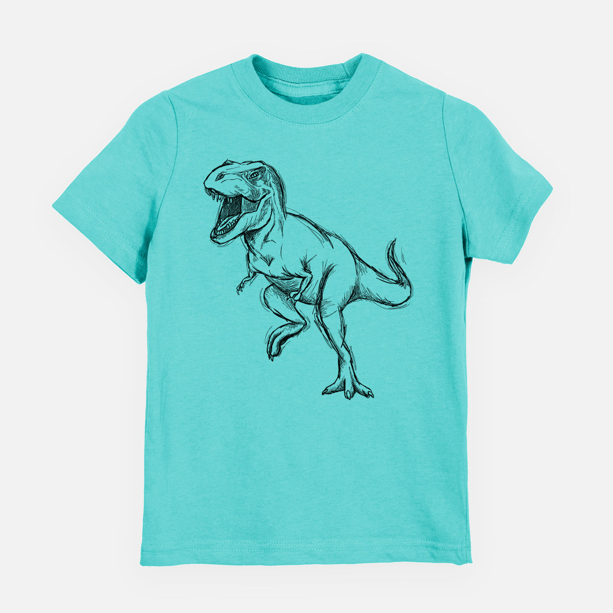 Caribbean blue youth t-shirt laid flat, printed with a black ink illustration of a Tyrannosaurus rex roaring.