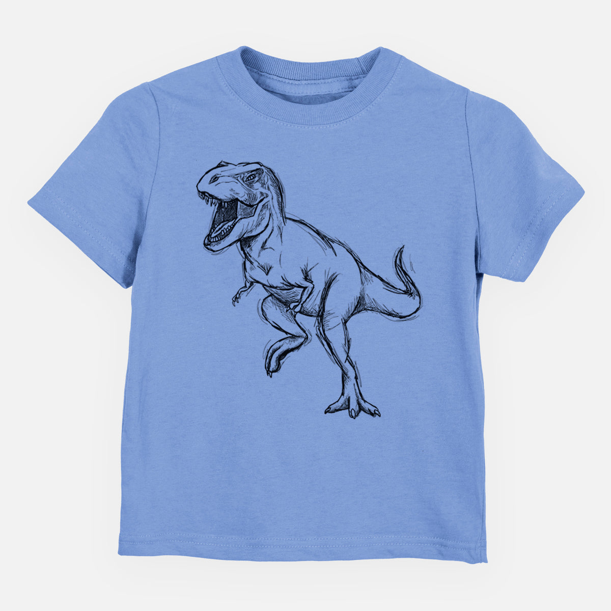 Carolina blue toddler t-shirt laid flat, printed with a black ink illustration of a Tyrannosaurus rex roaring.
