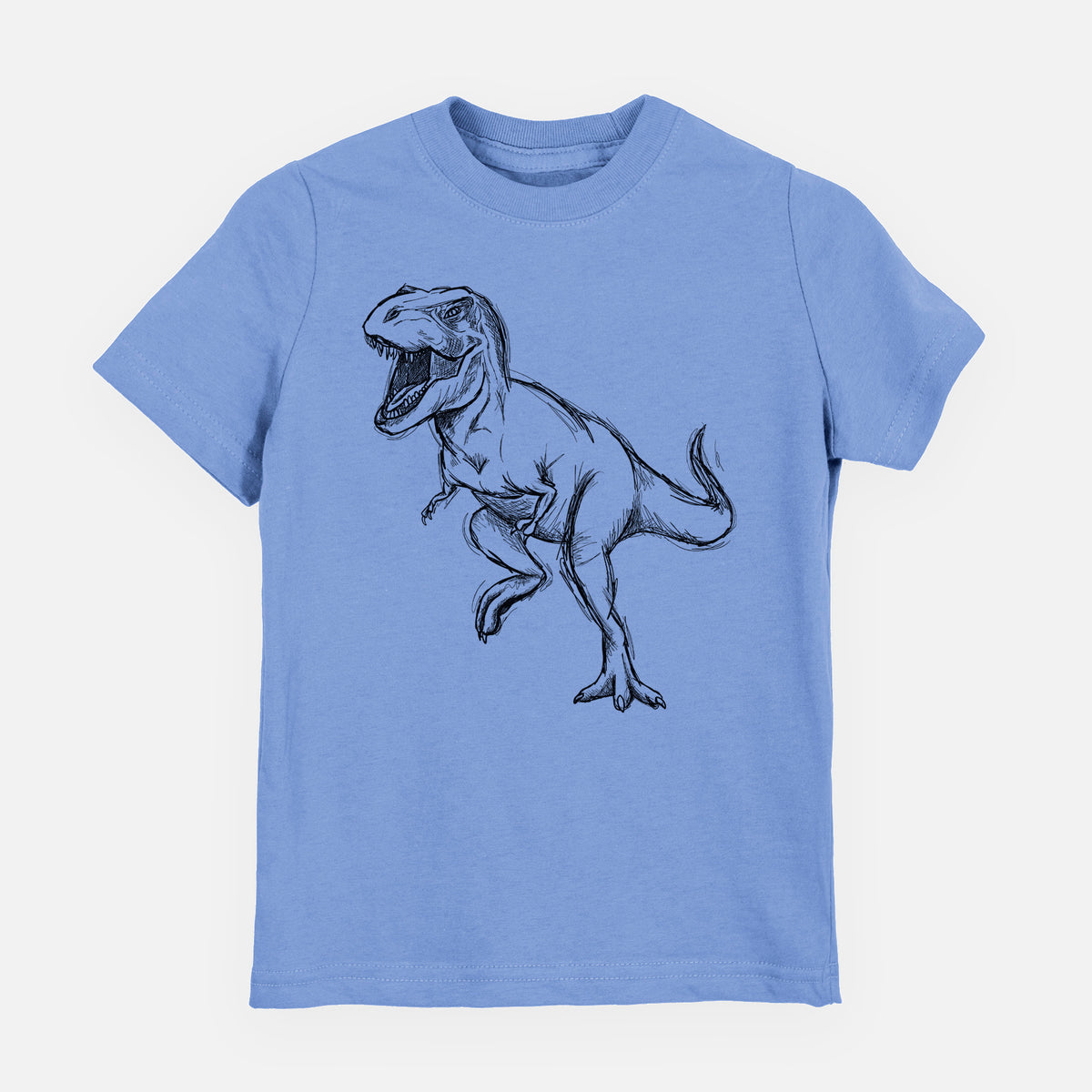 Carolina blue youth t-shirt laid flat, printed with a black ink illustration of a Tyrannosaurus rex roaring.