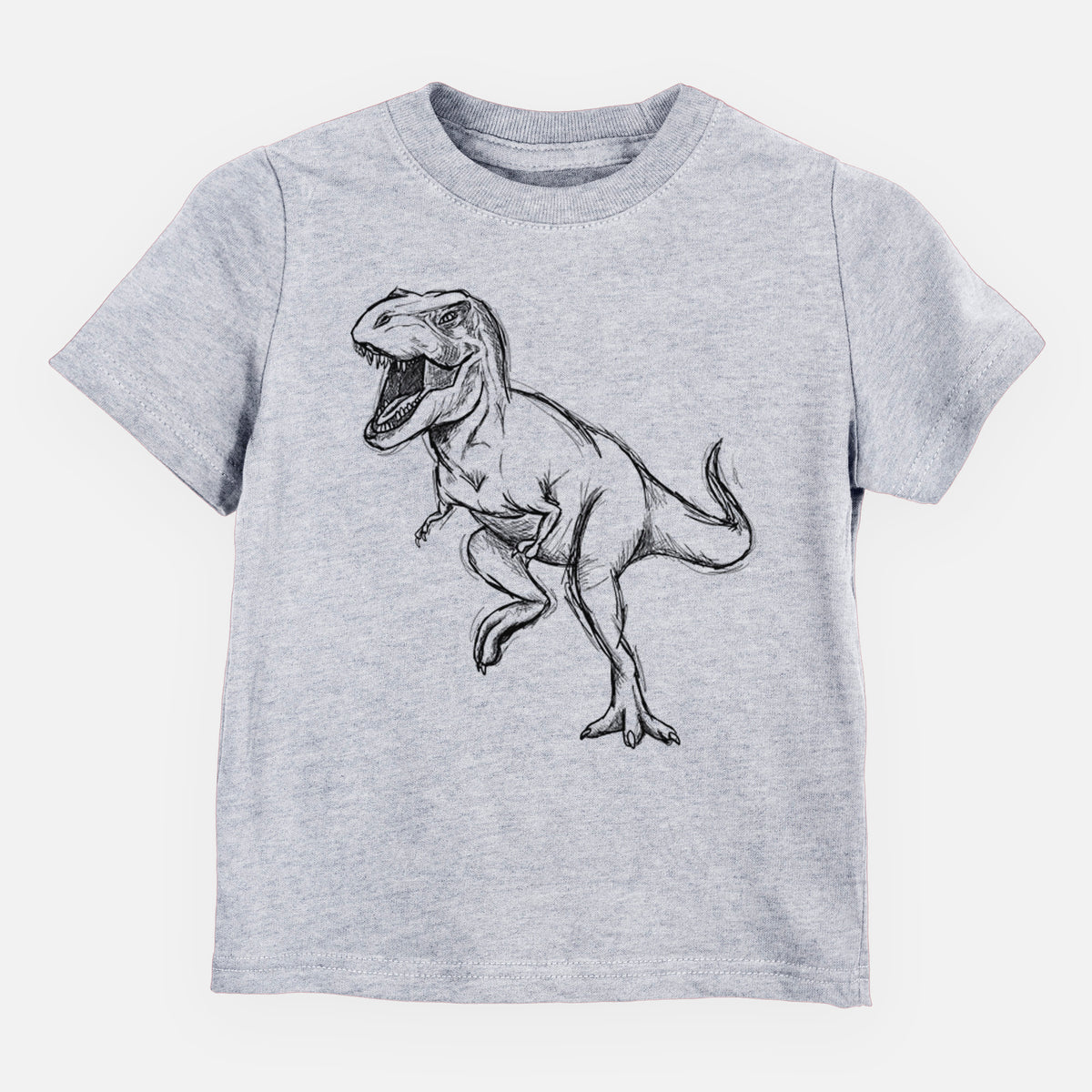 Heather grey toddler t-shirt laid flat, printed with a black ink illustration of a Tyrannosaurus rex roaring.