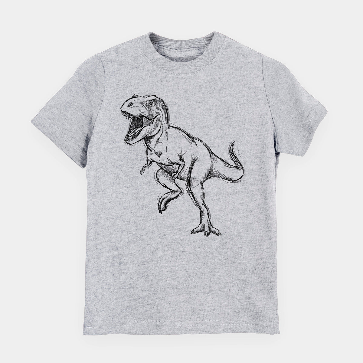 Heather grey youth t-shirt laid flat, printed with a black ink illustration of a Tyrannosaurus rex roaring.