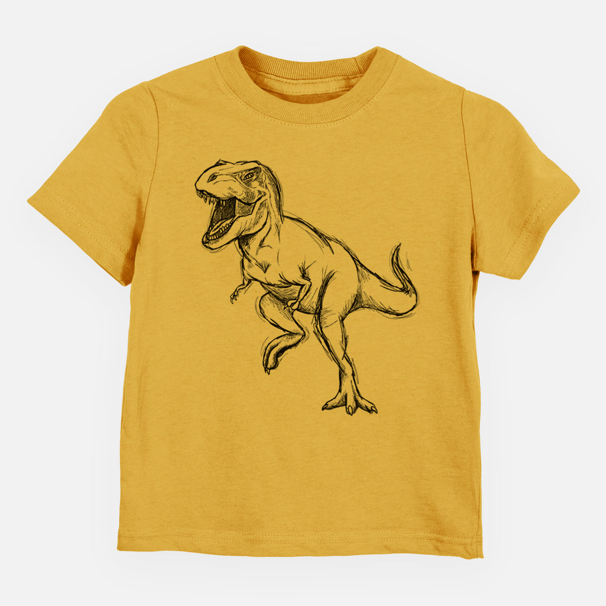 Honeycomb yellow toddler t-shirt laid flat, printed with a black ink illustration of a Tyrannosaurus rex roaring.