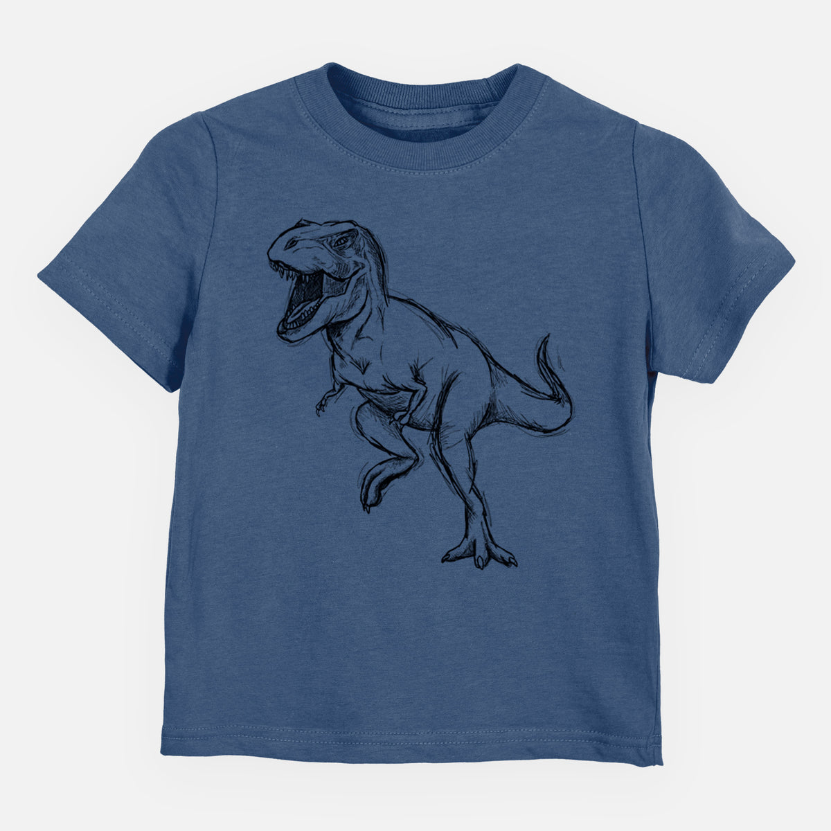 Indigo blue toddler t-shirt laid flat, printed with a black ink illustration of a Tyrannosaurus rex roaring.