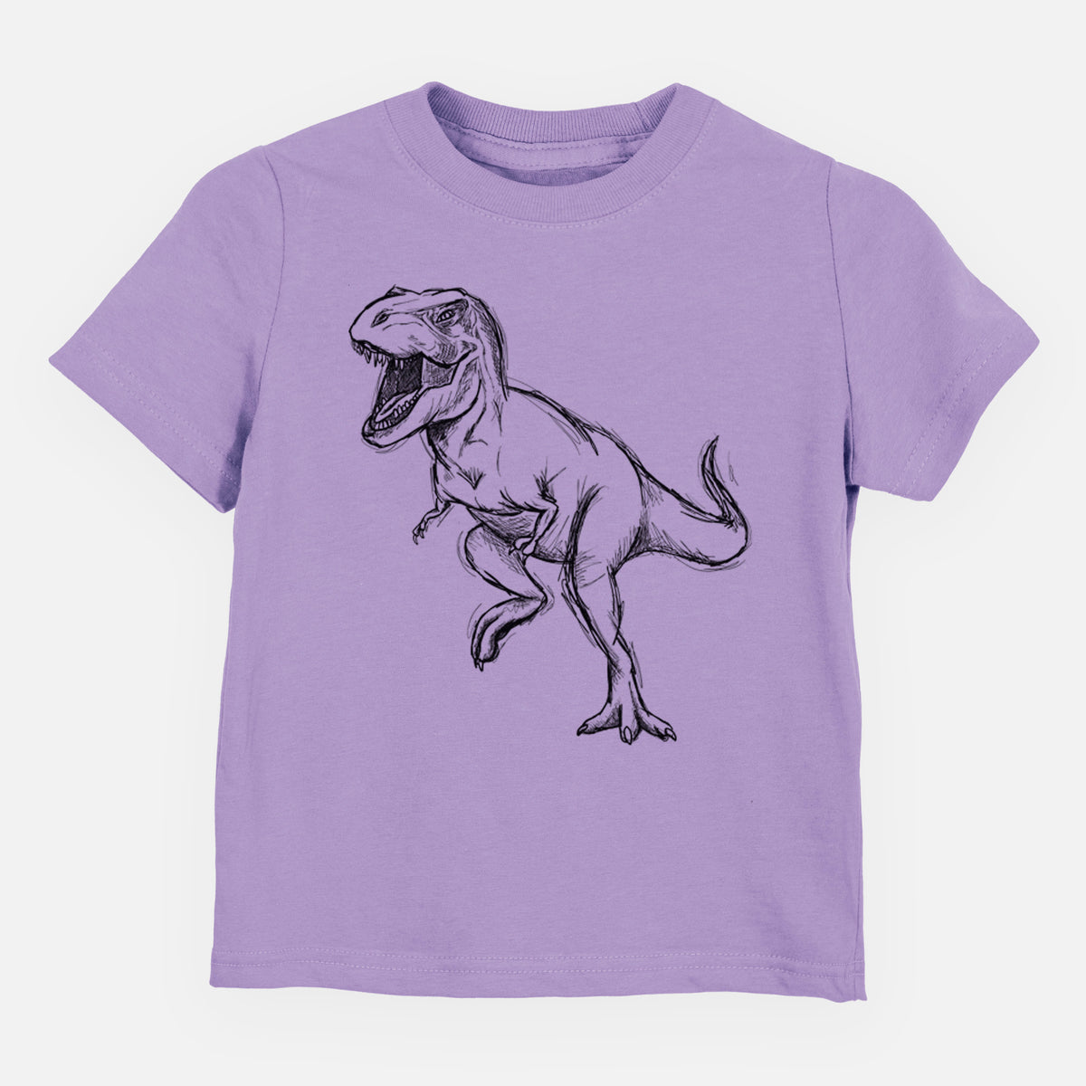Lavender toddler t-shirt laid flat, printed with a black ink illustration of a Tyrannosaurus rex roaring.