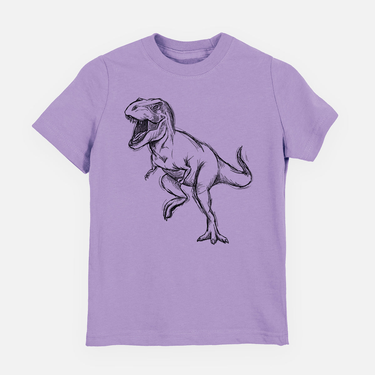 Lavender youth t-shirt laid flat, printed with a black ink illustration of a Tyrannosaurus rex roaring.