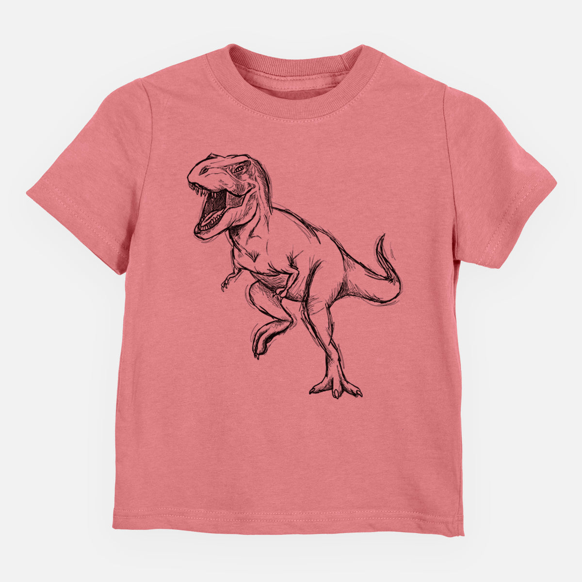 Mauve pink toddler t-shirt laid flat, printed with a black ink illustration of a Tyrannosaurus rex roaring.