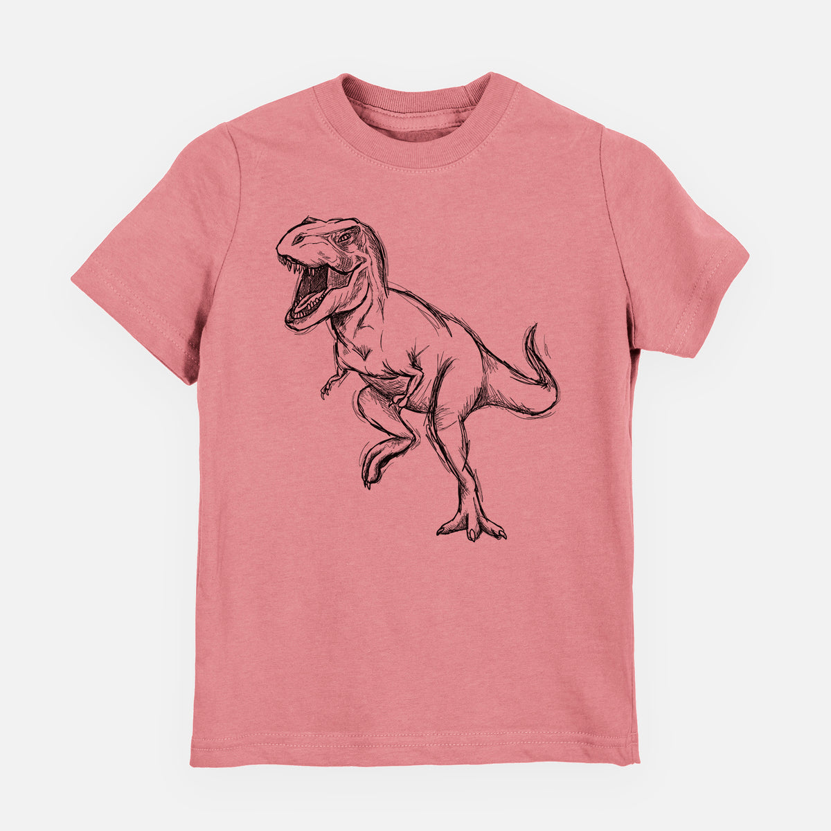 Mauve pink youth t-shirt laid flat, printed with a black ink illustration of a Tyrannosaurus rex roaring.