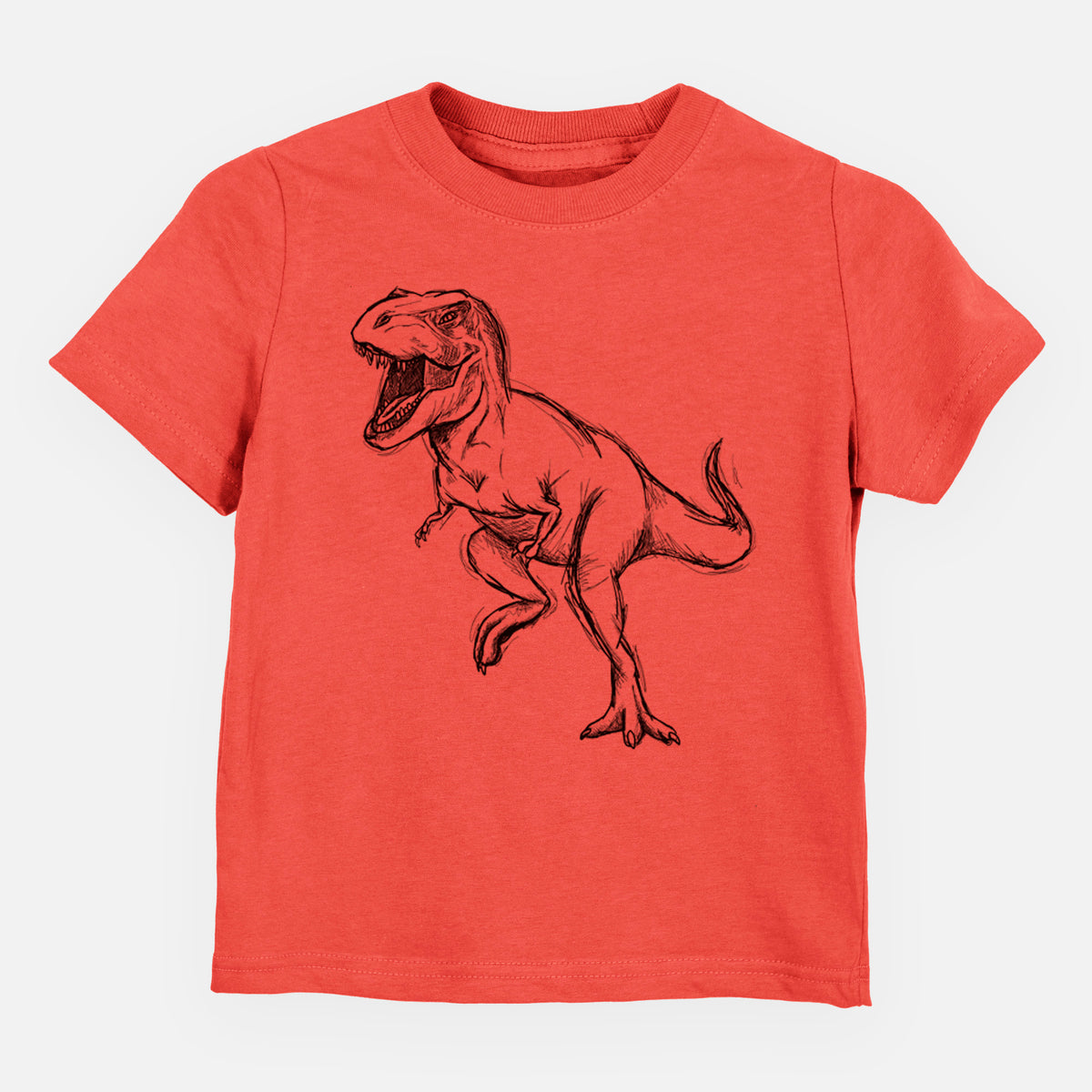 Passionfruit pink toddler t-shirt laid flat, printed with a black ink illustration of a Tyrannosaurus rex roaring.