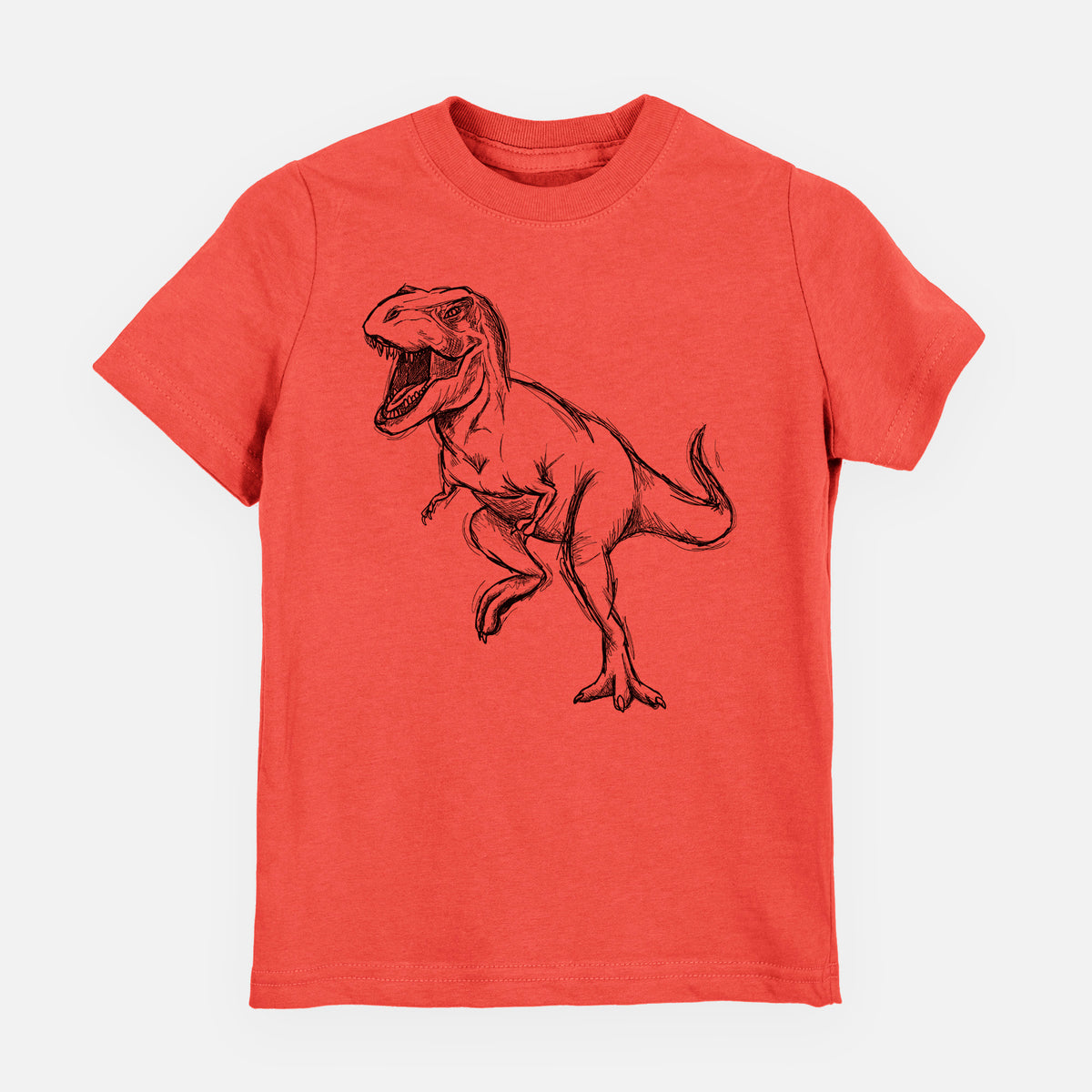 Passionfruit pink youth t-shirt laid flat, printed with a black ink illustration of a Tyrannosaurus rex roaring.