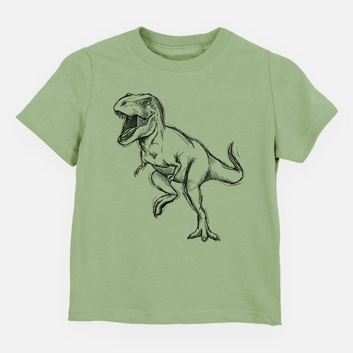 Sage green toddler t-shirt laid flat, printed with a black ink illustration of a Tyrannosaurus rex roaring.