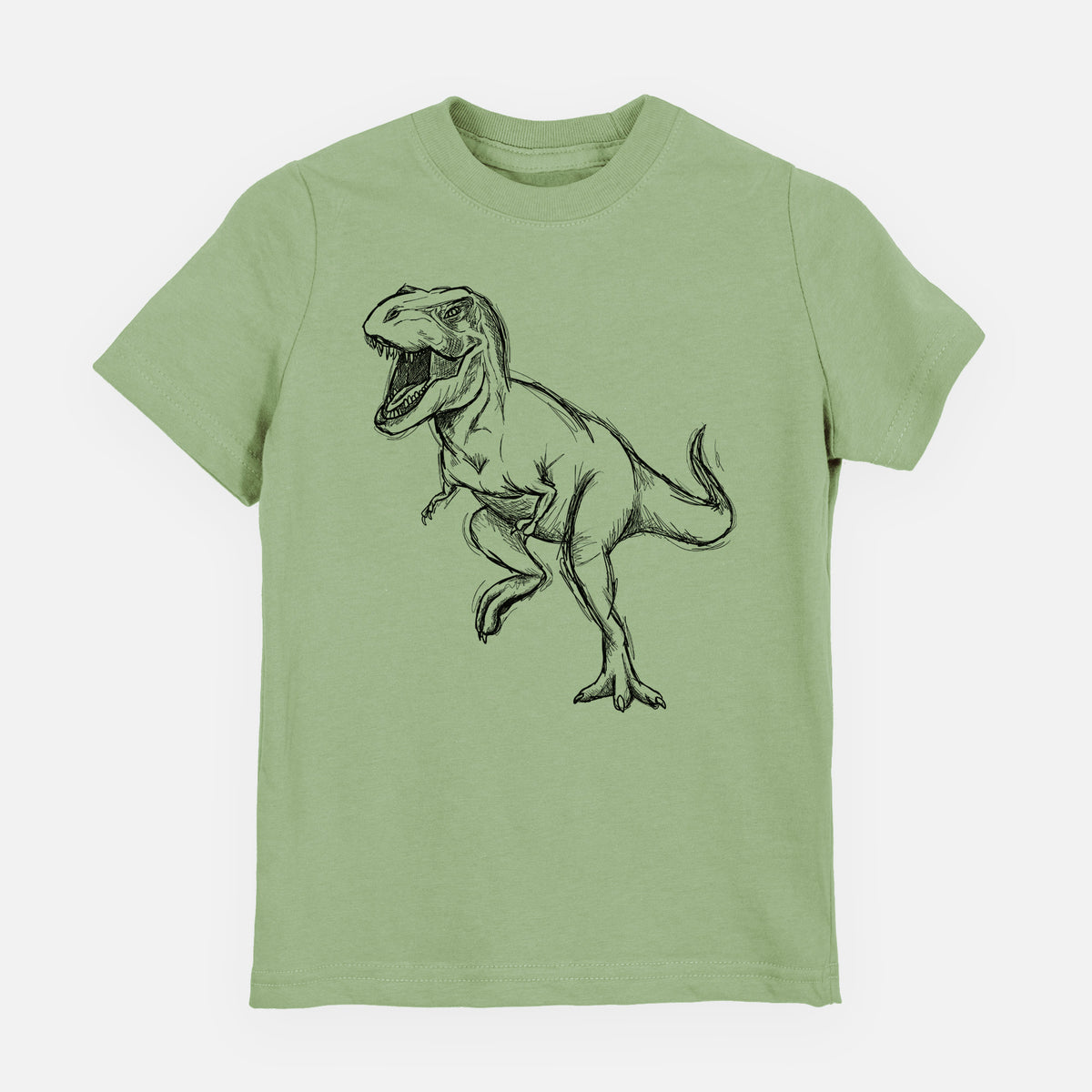 Sage green youth t-shirt laid flat, printed with a black ink illustration of a Tyrannosaurus rex roaring.