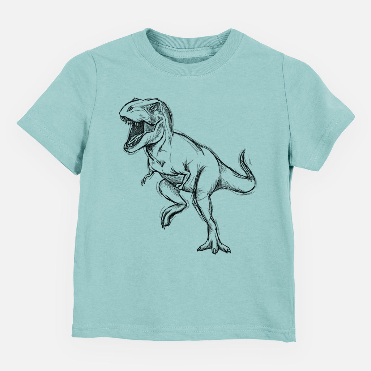Saltwater toddler t-shirt laid flat, printed with a black ink illustration of a Tyrannosaurus rex roaring.