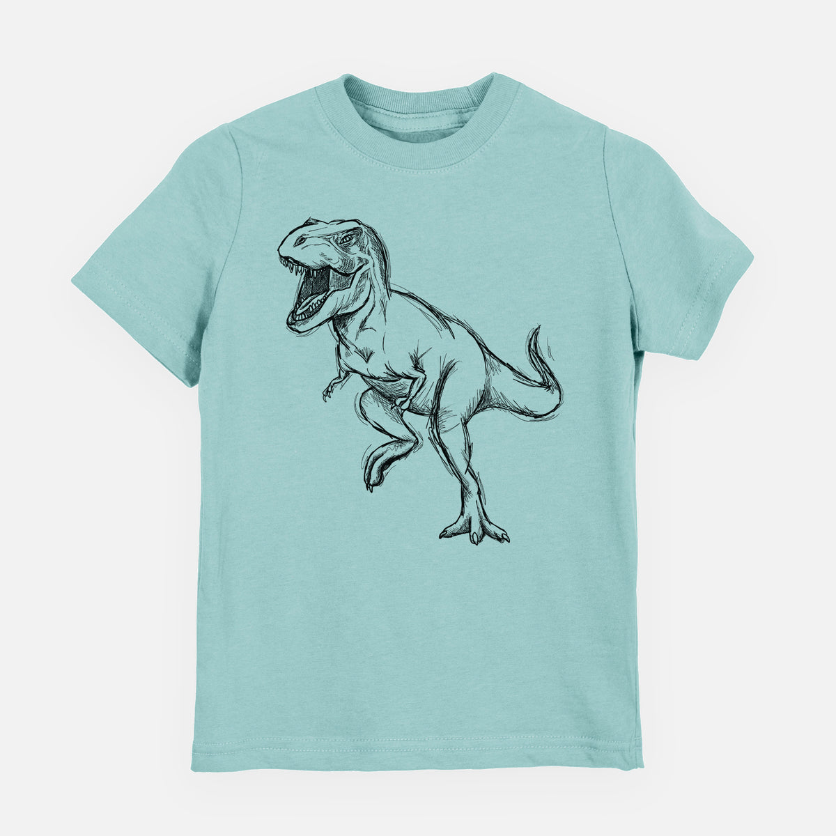 Saltwater youth t-shirt laid flat, printed with a black ink illustration of a Tyrannosaurus rex roaring.