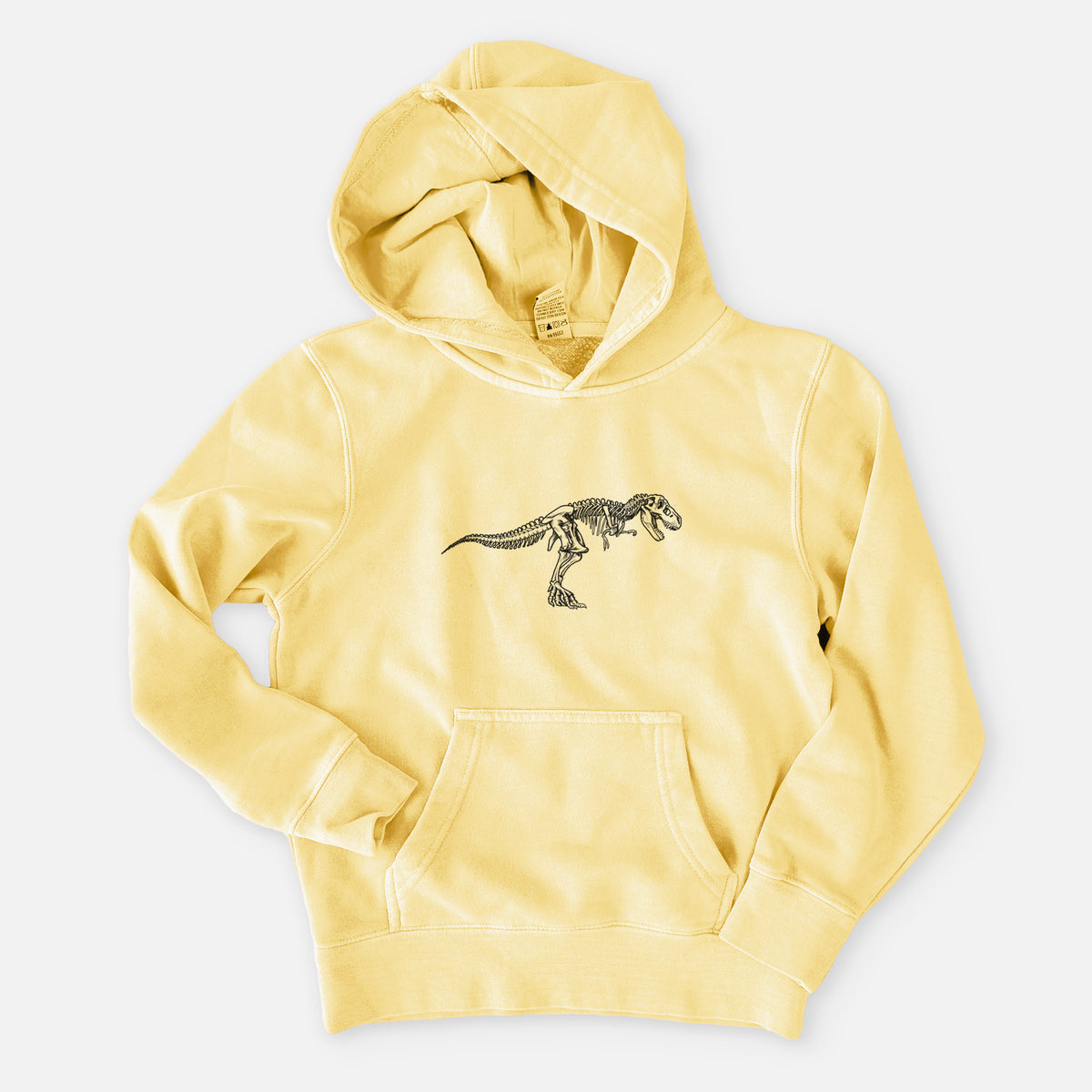 Pigment yellow youth pigment dyed hoodie laid flat, printed with a black ink illustration of a Tyrannosaurus rex skeleton.