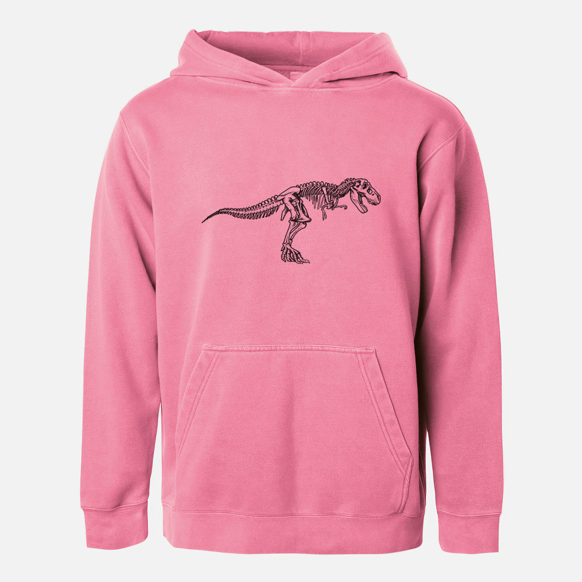 Pigment pink youth pigment dyed hoodie laid flat, printed with a black ink illustration of a Tyrannosaurus rex skeleton.