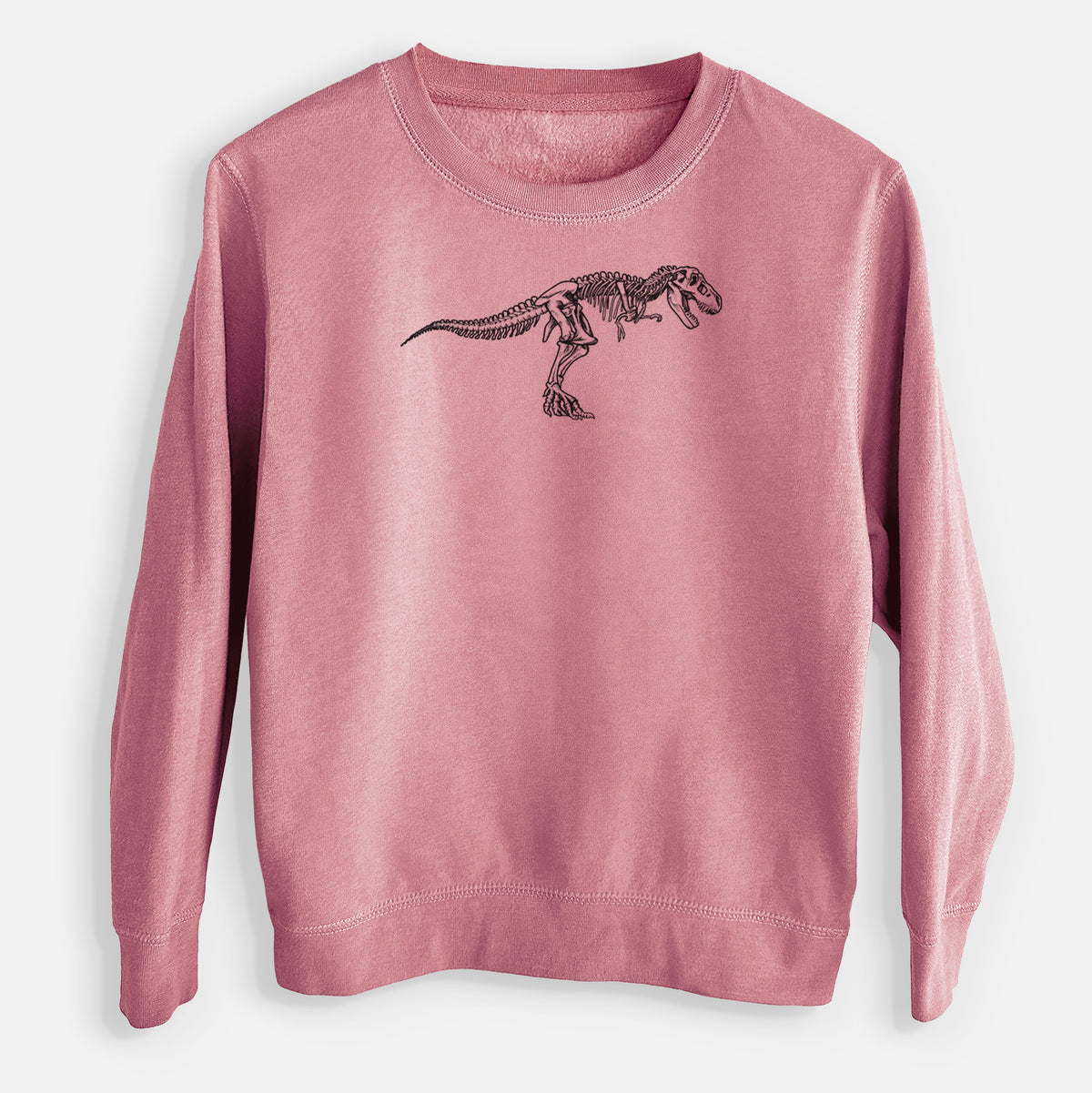 Mauve pink youth crewneck sweatshirt laid flat, printed with a black ink illustration of a Tyrannosaurus rex skeleton.