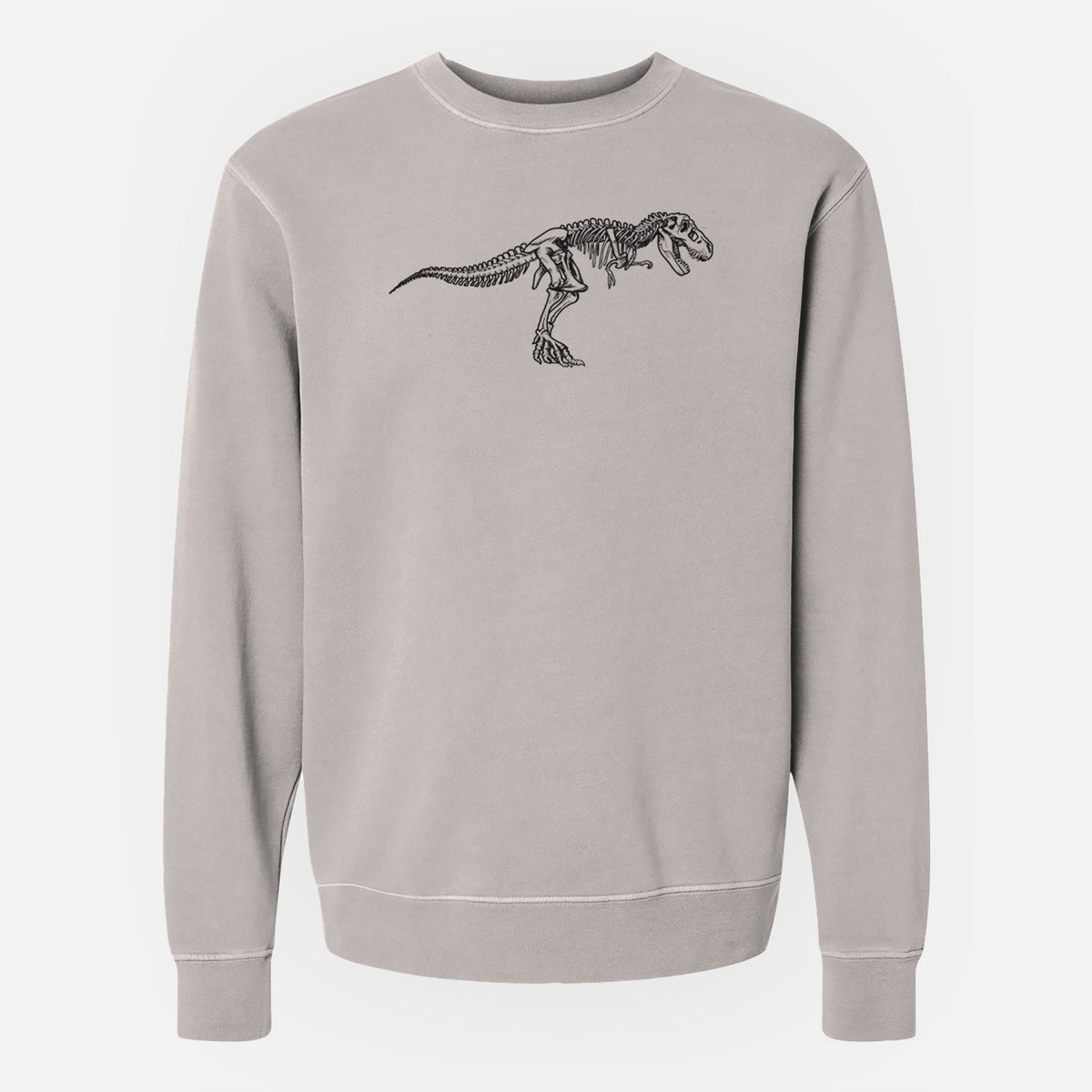 Cement grey pigment dyed crewneck sweatshirt laid flat, printed with a black ink illustration of a Tyrannosaurus rex skeleton.
