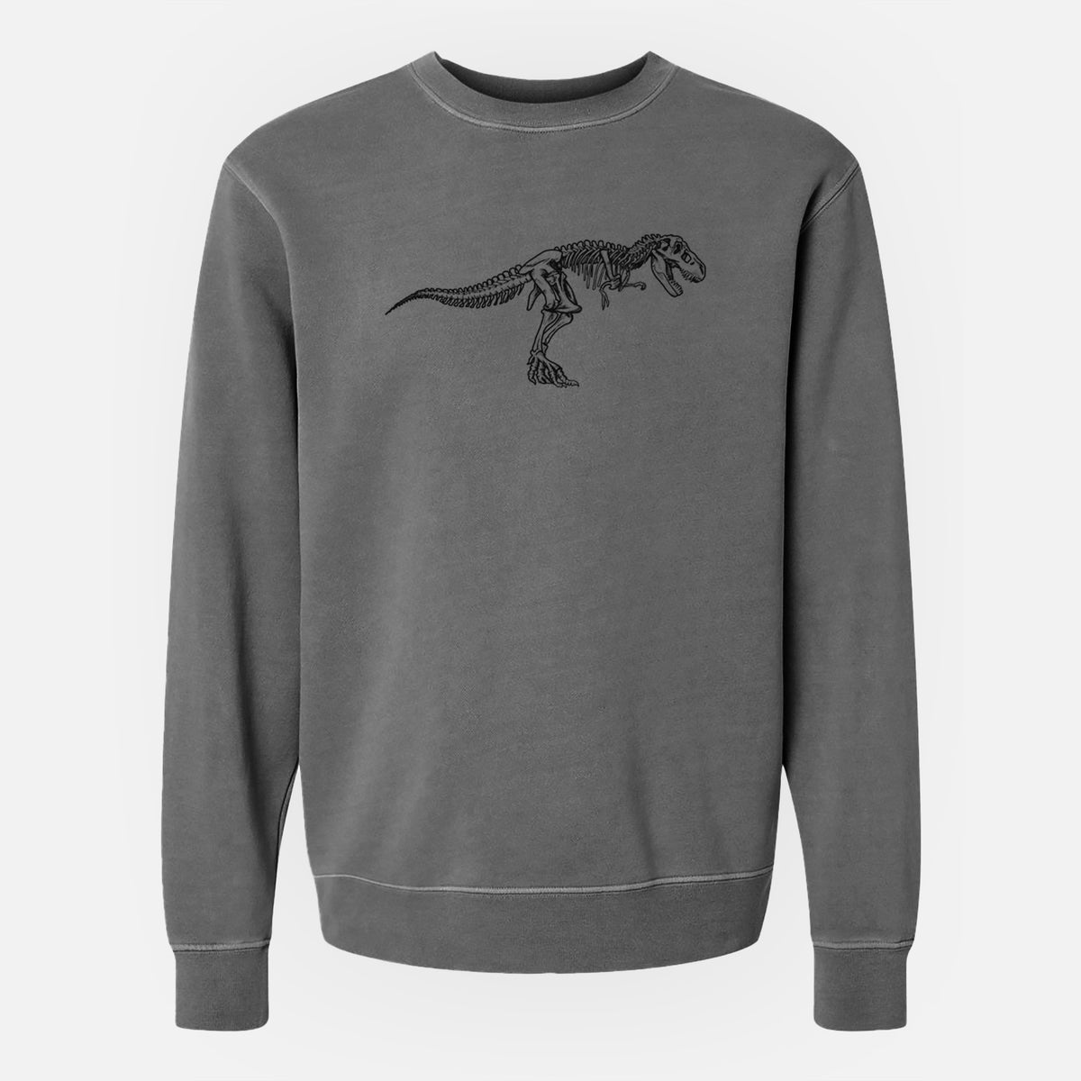 Faded black pigment dyed crewneck sweatshirt laid flat, printed with a black ink illustration of a Tyrannosaurus rex skeleton.
