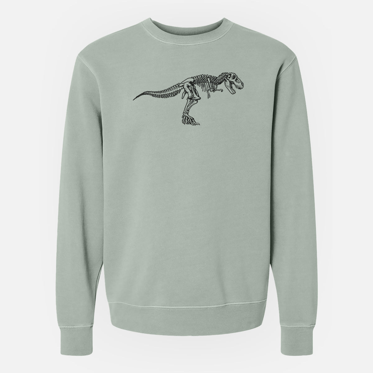 Sage green pigment dyed crewneck sweatshirt laid flat, printed with a black ink illustration of a Tyrannosaurus rex skeleton.