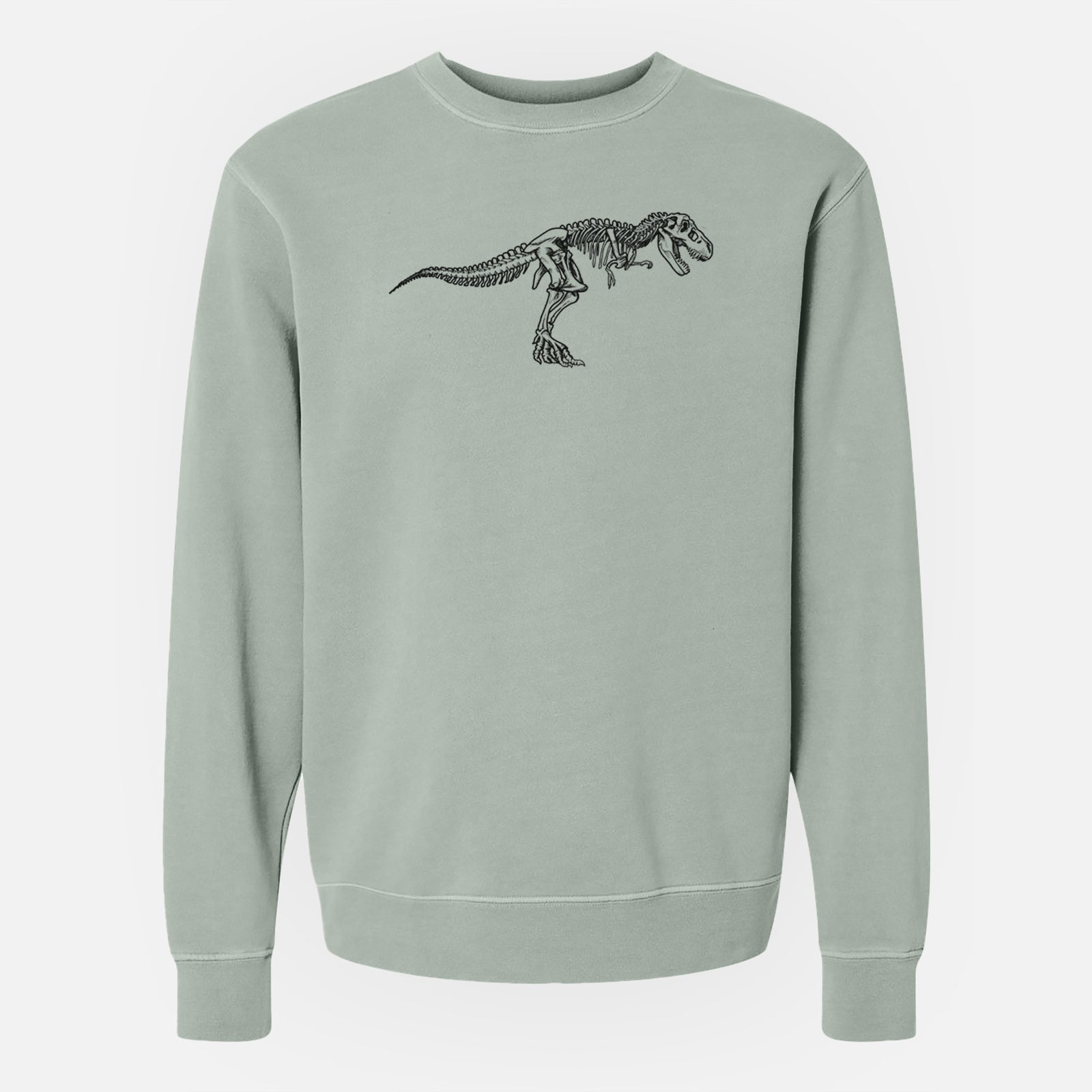 Sage green pigment dyed crewneck sweatshirt laid flat, printed with a black ink illustration of a Tyrannosaurus rex skeleton.