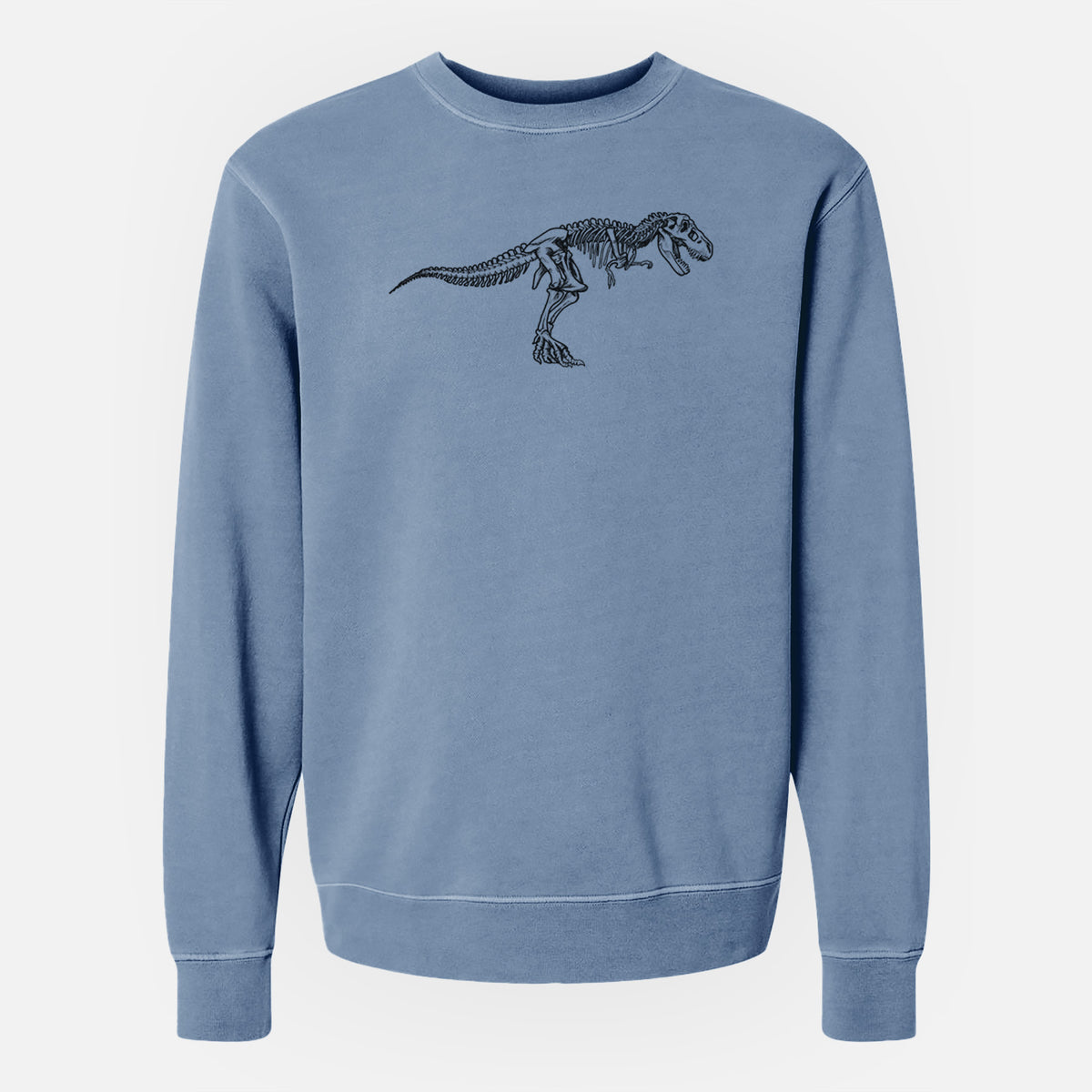 Slate blue pigment dyed crewneck sweatshirt laid flat, printed with a black ink illustration of a Tyrannosaurus rex skeleton.