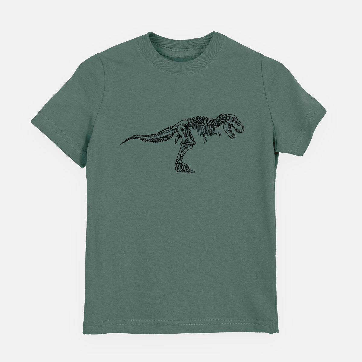 Basil green youth t-shirt laid flat, printed with a black ink illustration of a Tyrannosaurus rex skeleton.