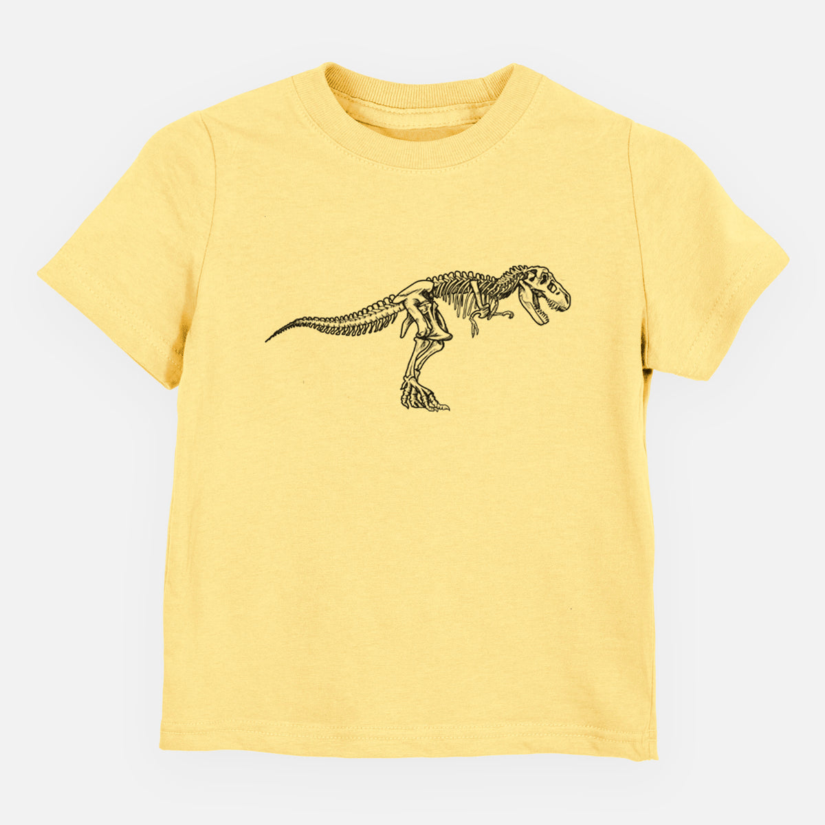 Butter yellow toddler t-shirt laid flat, printed with a black ink illustration of a Tyrannosaurus rex skeleton.