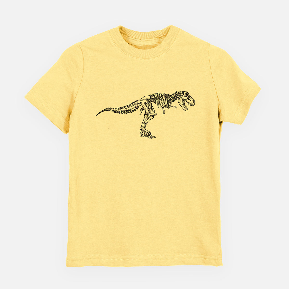 Butter yellow youth t-shirt laid flat, printed with a black ink illustration of a Tyrannosaurus rex skeleton.