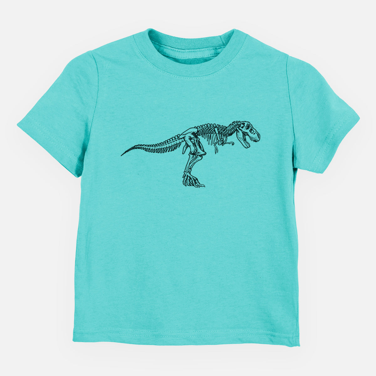 Caribbean blue toddler t-shirt laid flat, printed with a black ink illustration of a Tyrannosaurus rex skeleton.