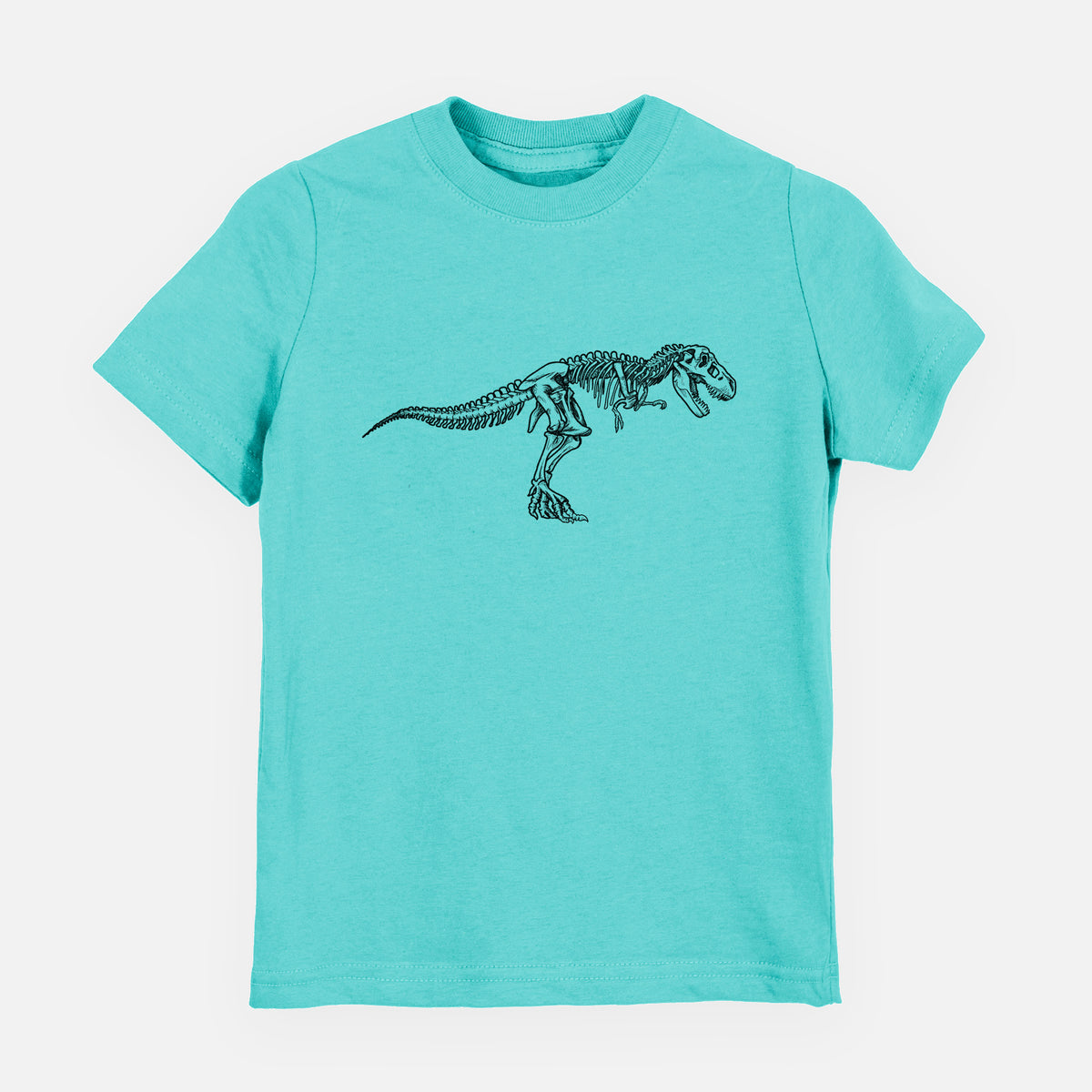 Caribbean blue youth t-shirt laid flat, printed with a black ink illustration of a Tyrannosaurus rex skeleton.
