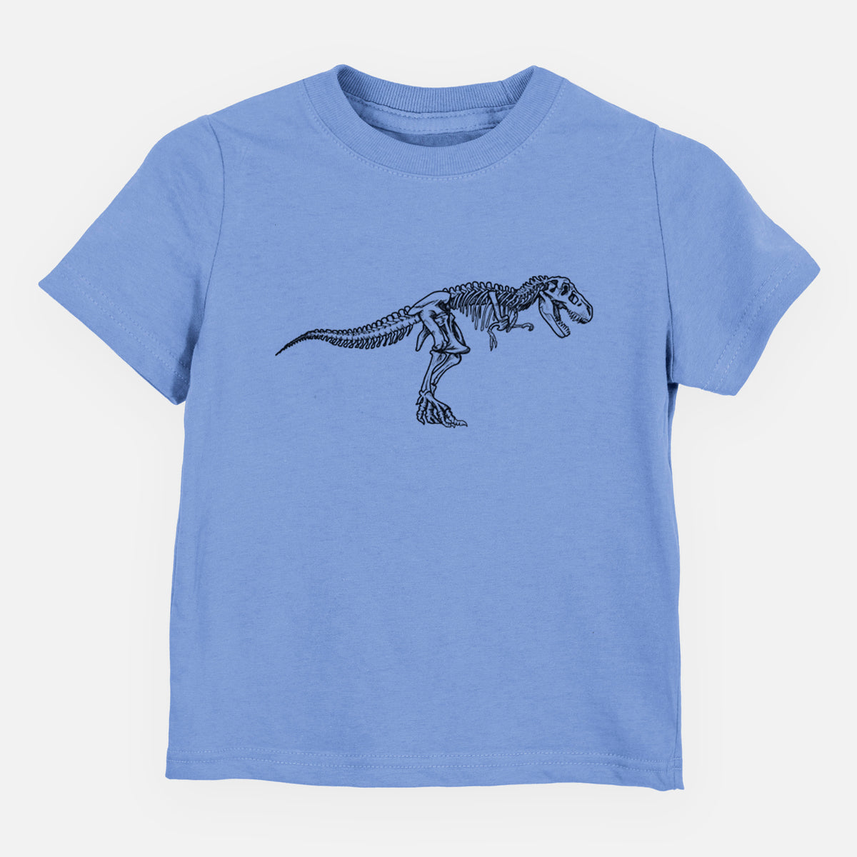 Carolina blue toddler t-shirt laid flat, printed with a black ink illustration of a Tyrannosaurus rex skeleton.