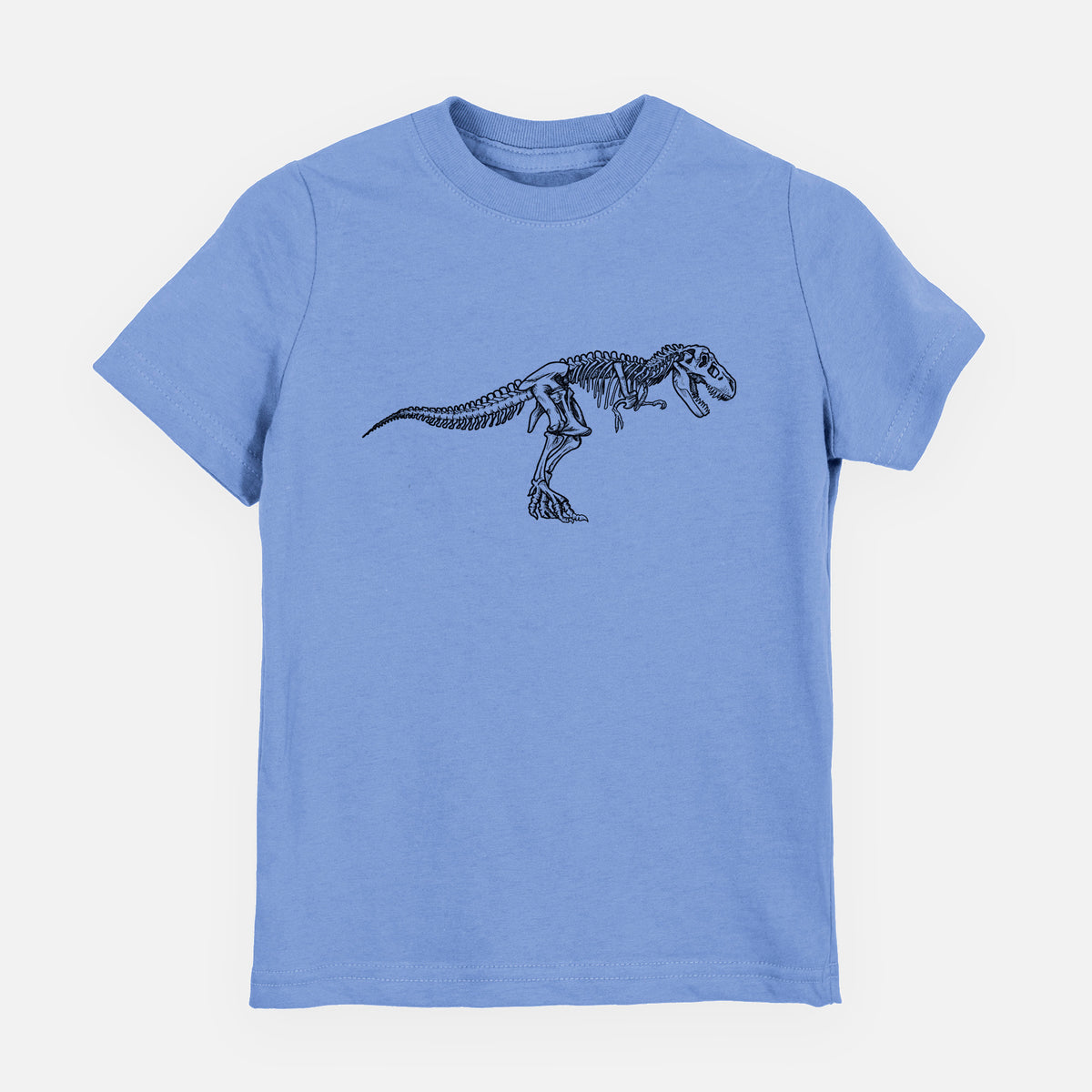 Carolina blue youth t-shirt laid flat, printed with a black ink illustration of a Tyrannosaurus rex skeleton.