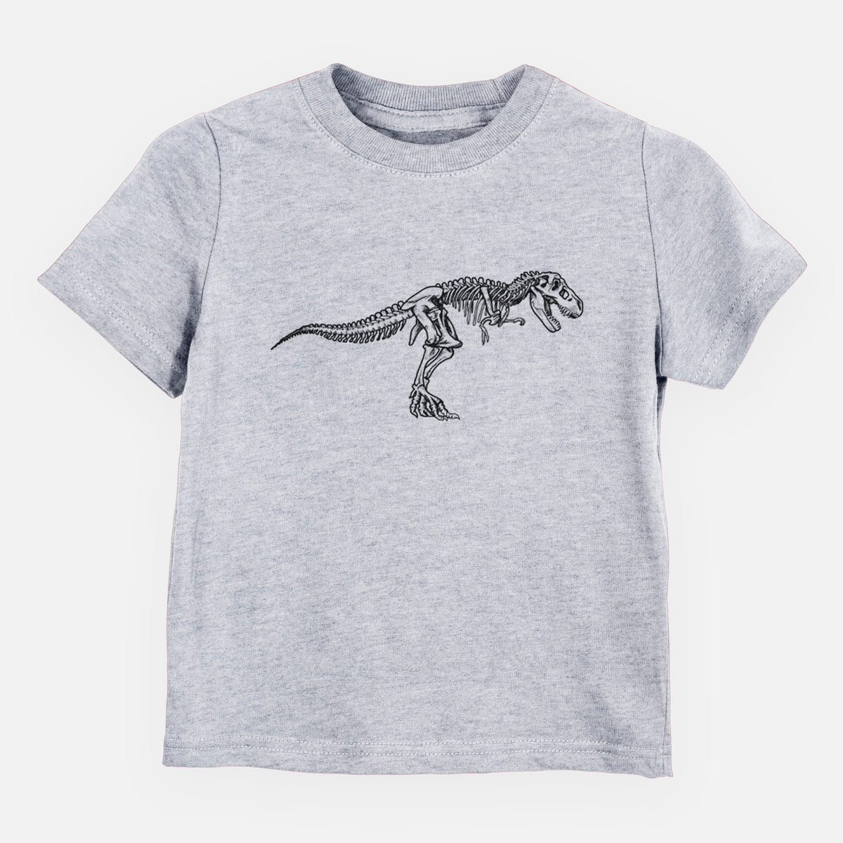 Heather grey toddler t-shirt laid flat, printed with a black ink illustration of a Tyrannosaurus rex skeleton.